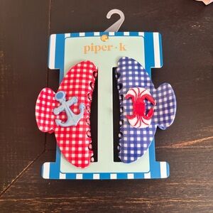 Piper K Anchor & Crab Hair Claw Clip Set Nautical Themed Red White Blue Gingham